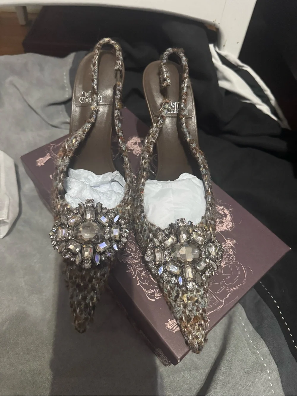 Jeffrey Campbell Brown Tweed Slingback Heel with Crystal Brooch